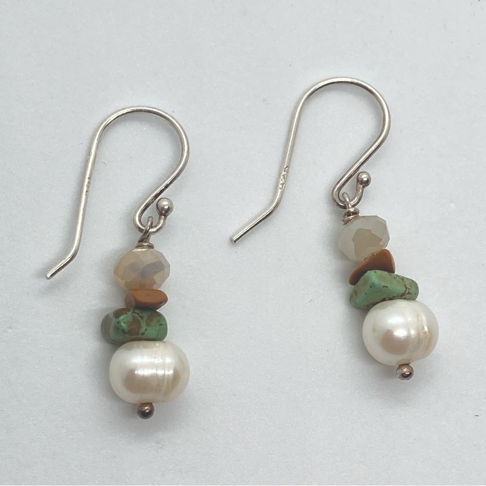 Vtg Sterling Turqouise Freshwater Pearl & Crystal Dangle Hook Earrings / 1.4” L